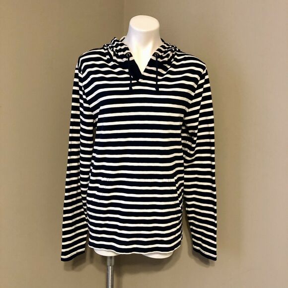 J. Crew Hooded Pullover Small Navy Blue White Stripe Front Pouch Pocket Loose - Picture 11 of 11